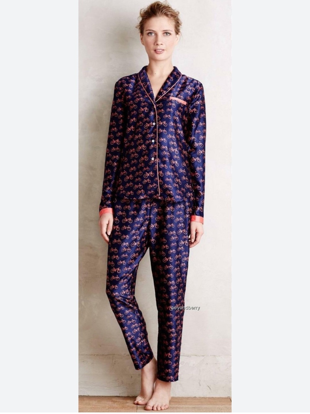 Anthropologie Navy Satin Bicycle Print Pajama Pants with Coral Drawstring